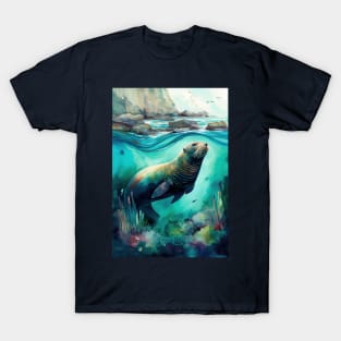 Colorful Watercolor Steller Sea Lion Artwork T-Shirt